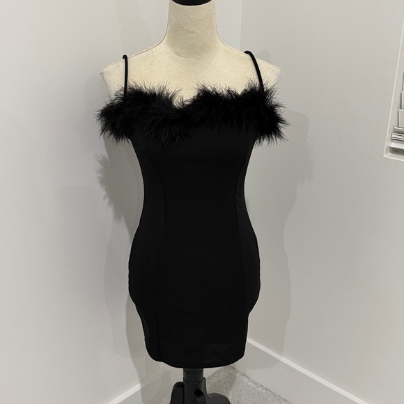 Miss Lola Dresses & Skirts - Black Mini Dress with Feather Detail